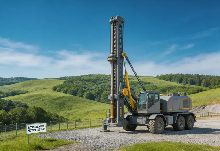 Mining equipment with restored landscape in background